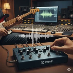 Illustration of a bass EQ pedal being used in a studio recording environment for precise tonal adjustments.