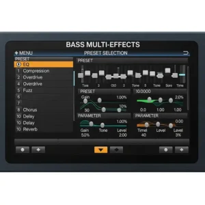 A detailed illustration of the user interface or LCD screen of a bass multi effects pedal, showing menu navigation, preset selection, and parameter adjustments for advanced tone control.