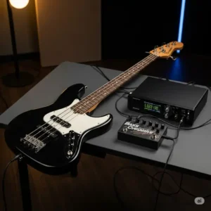 Professional studio setup with a bass guitar connected to an audio interface, featuring a pedal bass overdrive for recording rich tones.