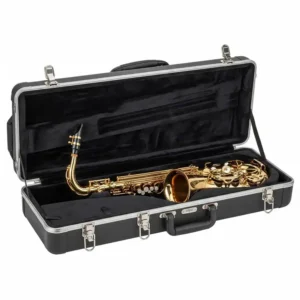 Durable hard case for a bass saxophone for sale, emphasizing protection during transport.