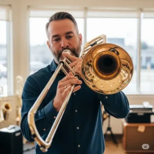 Musician demonstrating a bass trombone for sale, showing its playability and rich sound.