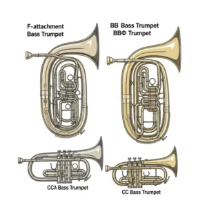 Comparative illustration displaying different types and variations of bass trumpets, highlighting their unique characteristics.