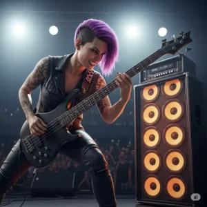 A bassist on stage passionately playing their instrument, with a high-performance bass guitar cabinets delivering rich, resonant tones.