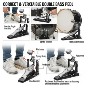 A visual guide showing the proper setup and adjustment of a double bass pedal on a drum kit, emphasizing optimal positioning for comfort and performance with a versatile best double bass pedal.