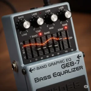 Graphic representation of a Boss GEB-7 Bass Equalizer pedal, showing its 7-band graphic EQ for precise tone shaping and frequency adjustments for Boss bass pedals.

