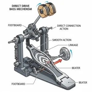 An illustration showcasing a direct drive bass drum pedal mechanism, emphasizing its smooth and responsive action.