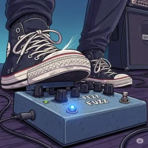 An illustration of a foot pressing down on the footswitch of a bass fuzz pedal, showing the action of engaging the effect during a performance.
