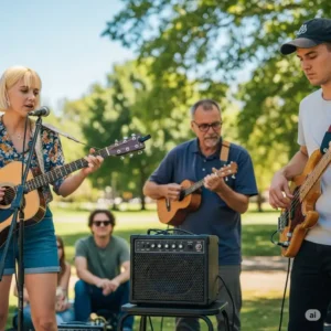 A band performing outdoors using a battery powered bass amp for portable, clear bass sound.