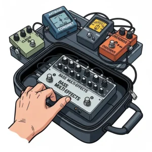 An illustration emphasizing the compact and portable design of a bass multi effects pedal, suitable for gigging musicians.