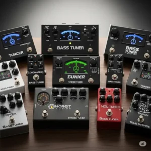 "An array of various bass tuner pedals showcasing different brands, designs, and features available on the market."