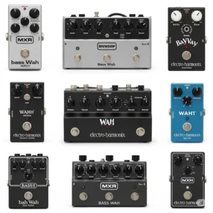 An array of different bass wah pedal models from various brands, illustrating the diversity of options available for bassists.