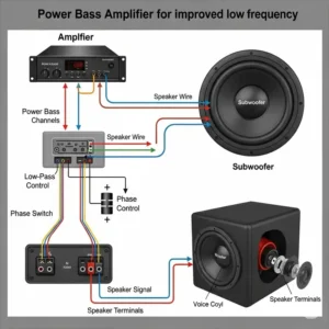 Diagram illustrating how a power bass amplifier connects to a subwoofer for enhanced low-frequency output.