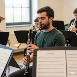 "A musician playing the Backun Alpha Bass Clarinet in a rehearsal setting, showcasing its comfortable playability."