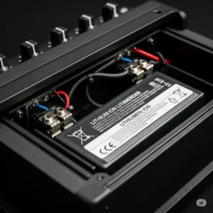 Detail of the high-capacity battery pack powering a portable battery powered bass amp, ensuring long-lasting performance.