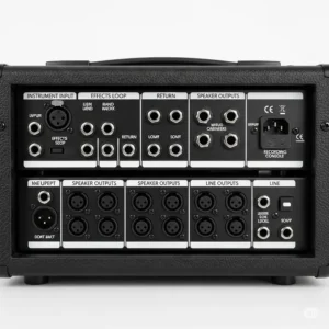 Detailed view of the input and output jacks on the back of a bass guitar amp, illustrating various connectivity options for effects and sound systems.