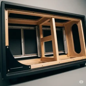 Inside view of a bass guitar cabinets revealing the sturdy internal bracing and construction for optimal sound projection and durability.