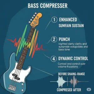 A graphic highlighting the key benefits of using a best bass compressor pedal, such as improved sustain, punch, and dynamic control.