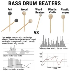 Infographic comparing the weights of various bass drum beaters and explaining how weight influences the volume and attack of the kick drum sound.