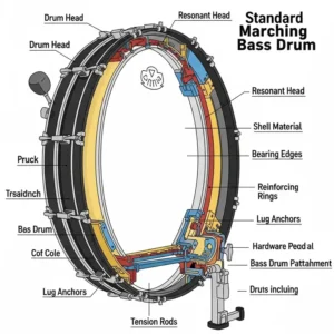 Detailed diagram illustrating the various parts of a bass drum marching band commonly used in a marching band.