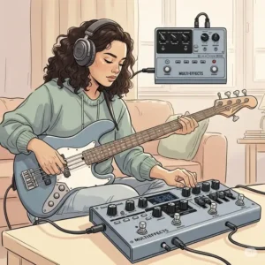 An illustration of a musician practicing with a bass multi effects pedal using headphones, emphasizing its utility for quiet practice and personal monitoring.