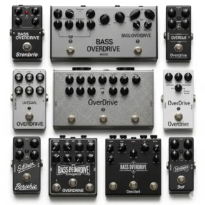 A visual comparison of different types of pedal bass overdrive pedals, highlighting their unique enclosures and control layouts.