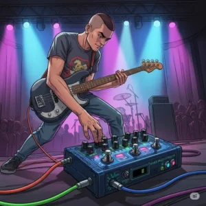 A stylized illustration of a bass multi effects pedal being used by a bassist on stage during a live performance.