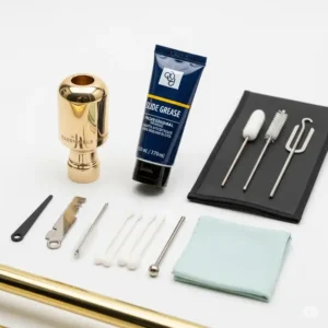 Essential accessories for a bass trombone for sale, including mouthpiece, slide grease, and cleaning kit.