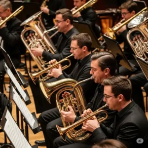A bass trumpet prominently featured within a brass section of a symphony orchestra, contributing to the ensemble's sound.