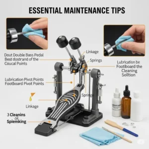 An image depicting essential maintenance tips for a double bass pedal, including lubrication and cleaning, to ensure longevity and consistent performance from your best double bass pedal.