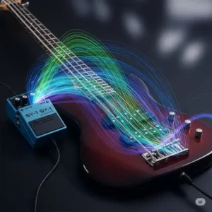 Artistic rendering of a Boss SY-1 Synthesizer pedal with a bass guitar, demonstrating its versatile synth sounds for creative Boss bass pedals exploration.
