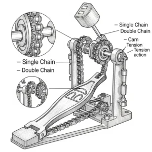 An illustration of a chain drive bass drum pedal, demonstrating the single or double chain connecting the footboard to the cam.