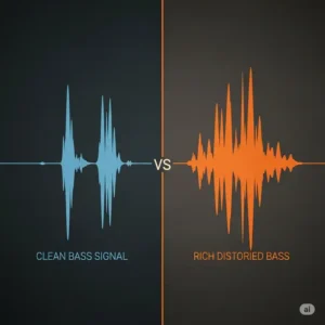 Visual representation of a clean bass signal compared to a rich, distorted bass sound achieved with a **bass distortion pedal**.