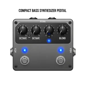 An illustration depicting a sleek, modern bass synthesizer pedal with a compact design, suitable for pedalboards with limited space.