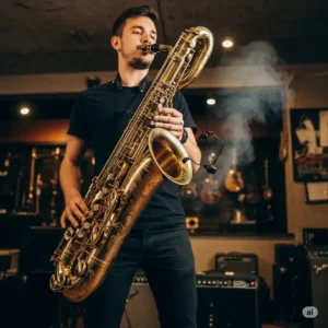 Musician playing a bass saxophone for sale, demonstrating its large size and powerful sound.