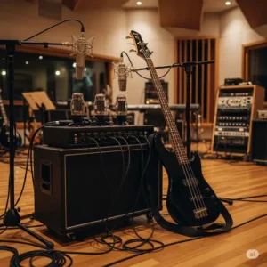 A tube bass amp miked up in a professional recording studio, with a bass guitar leaning against it, ready for a recording session.