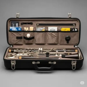 "The durable carrying case and included accessories for the Backun Alpha Bass Clarinet, ensuring protection and convenience."