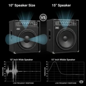 Visual comparison of different speaker sizes (e.g., 10-inch, 15-inch) commonly found in the best bass guitar amps, affecting sound dispersion and low-end response.