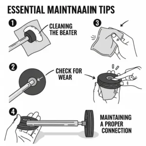 Simple graphic showing tips for maintaining a bass drum beater, including cleaning and checking for wear, to prolong its lifespan and performance.