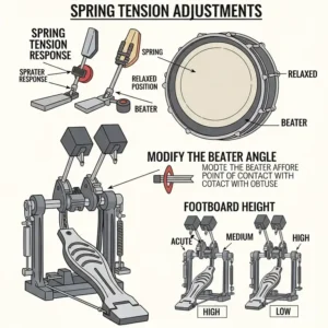 An illustration demonstrating common adjustments on a bass drum pedal, such as spring tension, beater angle, and footboard height.