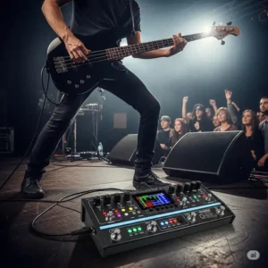 Depiction of a bass player using a bass multi effects pedal in a live performance setting on stage, showcasing its durability and functionality for professional use.