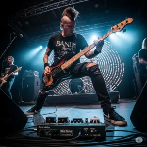 A bass player performing on stage, using a pedal bass overdrive to achieve a gritty and dynamic live sound.