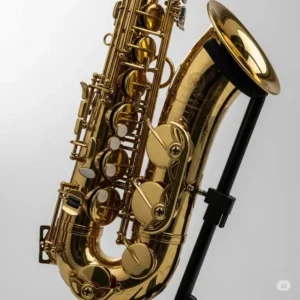 Detailed view of a bass saxophone for sale, showing specific features like its bell, neck, and keywork.
