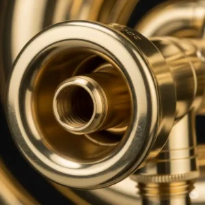 Extreme close-up of a bass trumpet mouthpiece, showing its design and how it connects to the instrument.