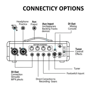 Connectivity options on a battery powered bass amp including headphone out, aux in, and DI output for versatility.