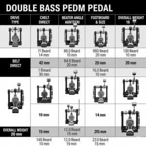 A visual representation of a comparison chart highlighting key features and specifications of various models, assisting drummers in identifying the best double bass pedal for their needs.