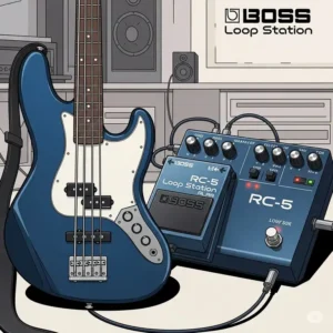  Illustration of a Boss RC-5 Loop Station pedal, featuring a bass guitar, highlighting its looping capabilities for practice and performance with Boss bass pedals.