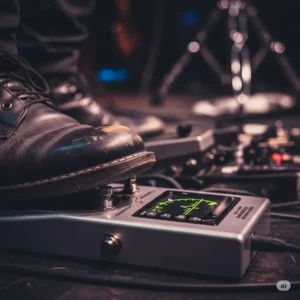 "A close-up shot of a musician's foot pressing down on a bass tuner pedal, engaging its tuning function."