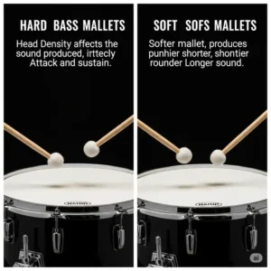 A side-by-side comparison of hard and soft bass drum mallets, illustrating how head density affects the sound produced.