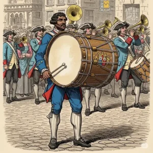 A historical illustration depicting an early form of a bass drum marching band in a marching band formation.