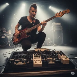 A bassist performing live, showcasing a **bass distortion pedal** as an essential part of their live performance rig.